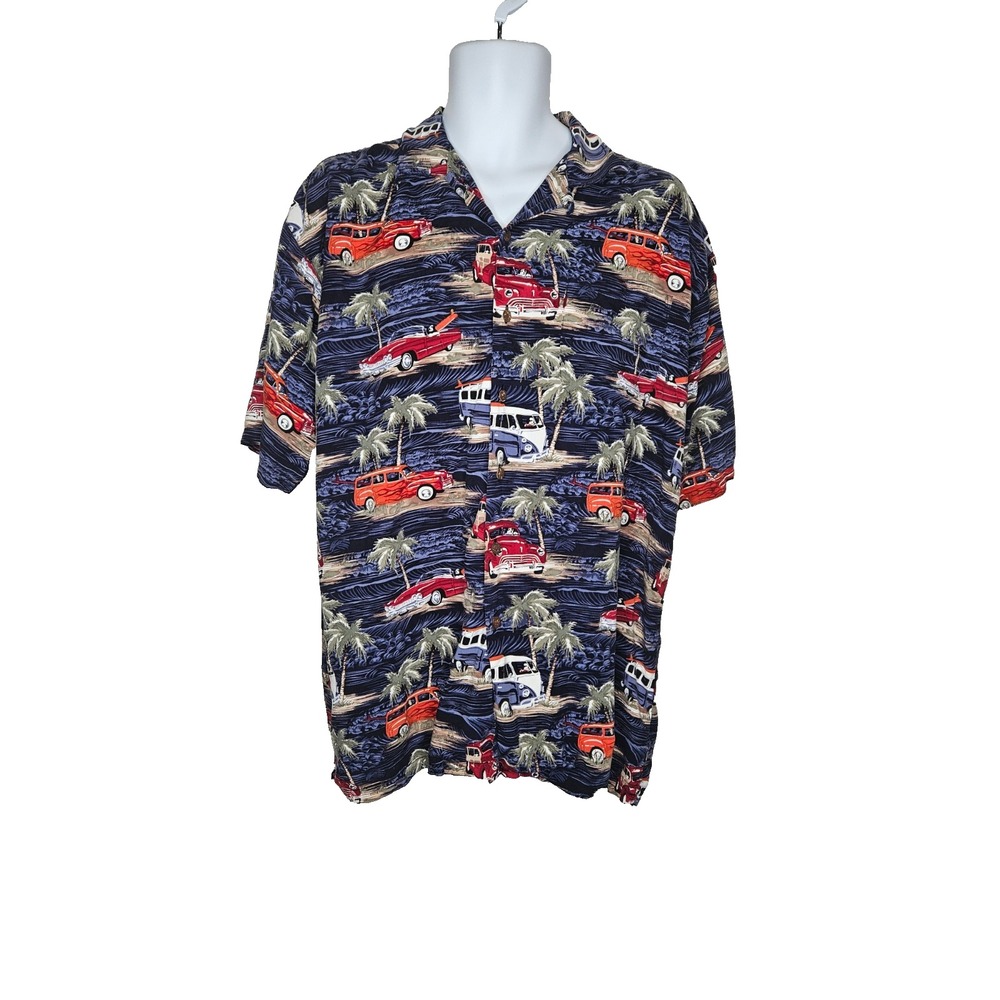 Big Dogs Hawaiian Shirt Large Rayon Surf Van Palm Tree Camp Button Up Novelty